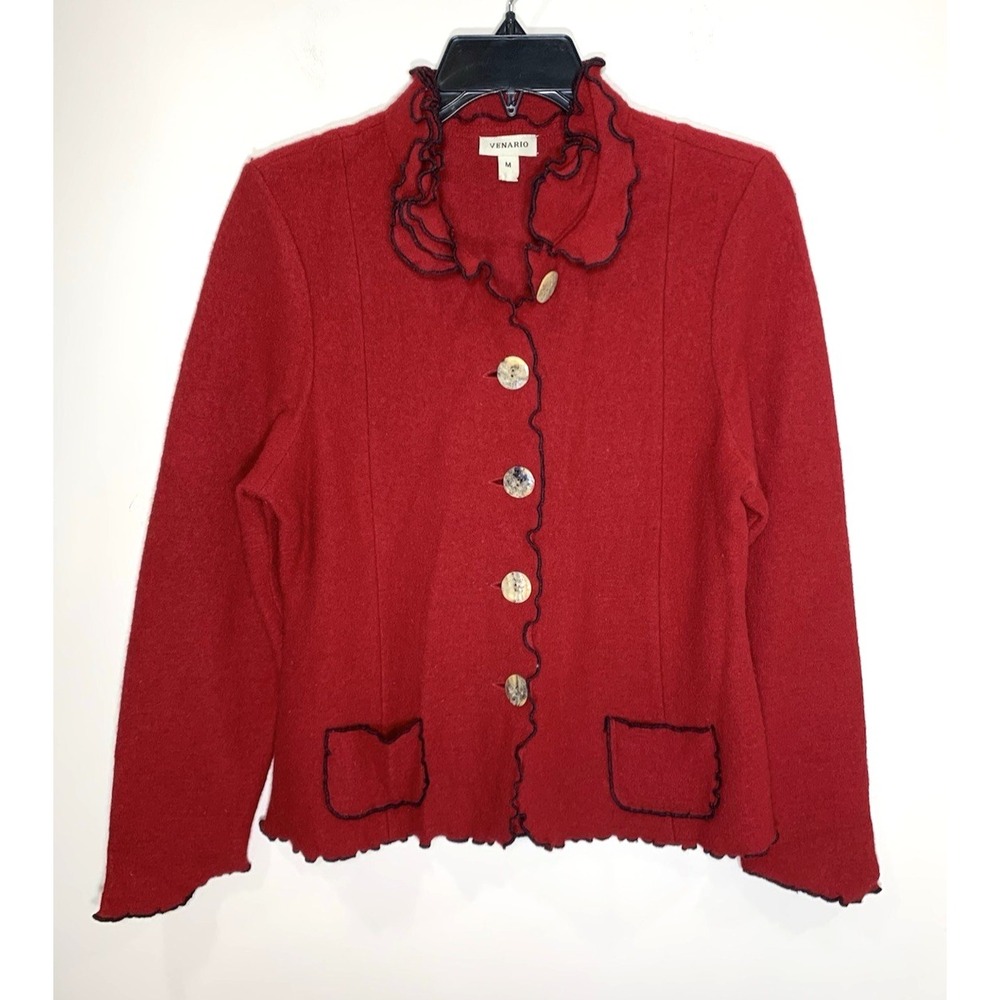 Venario 100% Wool Knit Jacket‎ Womens Medium Red Ruffle Collar Romantic Artsy